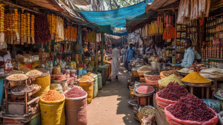 Discover a vibrant market showcasing a rich variety of spices, herbs, and fresh ingredients in a lively environment filled with color and culture.の素材