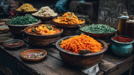 A vibrant display of colorful spices and fresh herbs in traditional bowls captures the essence of a lively market, showcasing diverse culinary ingredients.の素材