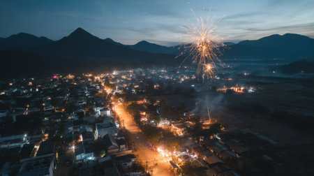 A breathtaking view of a village at night featuring a vibrant festival with fireworks illuminating the serene mountain backdrop. The lively scene showcases a beautiful celebration under a dusky sky.の素材