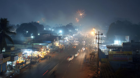 A lively night market scene bustling with vendors and shoppers, illuminated by vibrant lights and fireworks in the background, capturing the essence of urban celebration.の素材