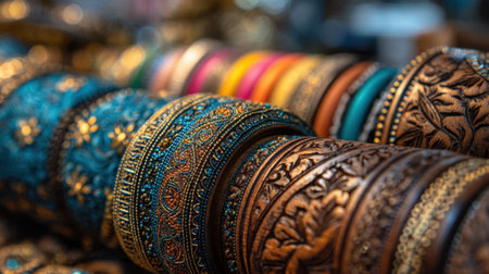 A close-up view of vibrant traditional bangles featuring intricate designs and colorful patterns. Perfect for showcasing cultural craftsmanship and style.の素材