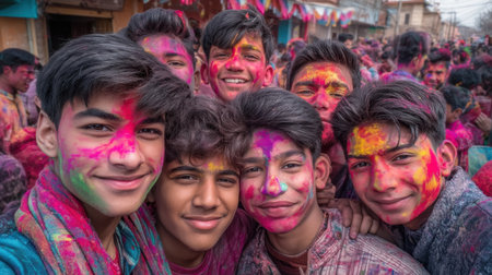 A vibrant group of boys smiles brightly while celebrating the Holi festival. Colorful powders cover their faces, symbolizing joy and friendship during this cultural event.の素材