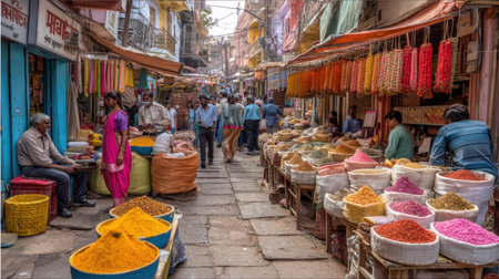 Explore a vibrant market scene filled with colorful spices and flowers, showcasing the bustling atmosphere of local vendors and the rich cultural heritage of India.の素材