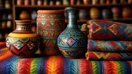 Discover the beauty of handcrafted pottery and textiles featuring vibrant colors and intricate patterns. Perfect for showcasing cultural artistry and decor.の素材