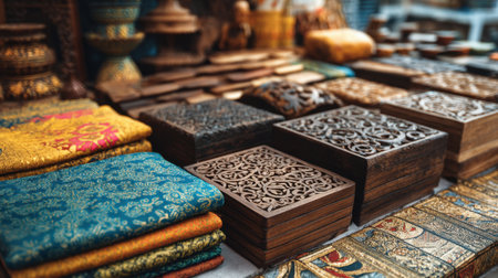 A vibrant market scene showcasing intricate wooden crafts and colorful textiles. The rich patterns and textures reflect cultural heritage and artisanal skills.の素材