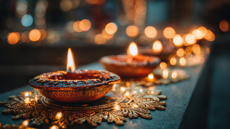 A close-up of decorative diyas glowing brightly during a festival, creating a warm and inviting atmosphere. A symbol of joy and harmony.の素材