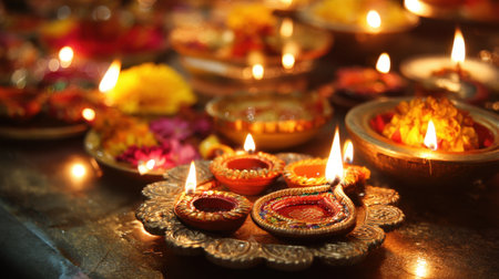 This vibrant scene captures the essence of a traditional festival with flickering oil lamps, colorful decorations, and floral arrangements, celebrating culture and togetherness.の素材