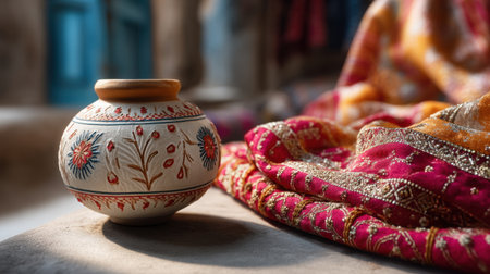 A beautiful handcrafted pot sits on vibrant traditional fabric, illuminated by soft natural light, showcasing intricate designs and cultural heritage.の素材