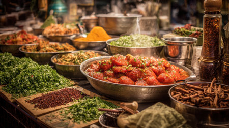 Explore a colorful array of spices and fresh herbs in a traditional market. This vibrant display showcases essential ingredients for flavorful dishes.の素材