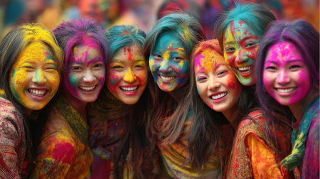 A vibrant group of friends smiling joyfully during the Holi festival, showcasing the lively celebration of colors, laughter, and friendship.の素材