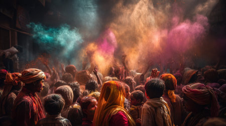 A dynamic scene depicts a vibrant festival celebration with colorful powders in the air, showcasing the joy, togetherness, and cultural richness of a traditional event.の素材