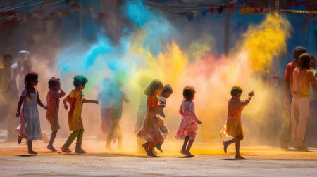 A group of joyful children runs playfully through colorful powder during a festival celebration, capturing the essence of carefree childhood and vibrant community spirit.の素材