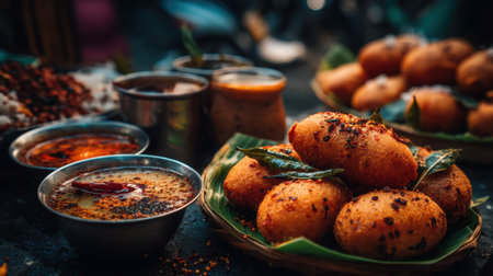 A vibrant display of crispy golden Indian snacks surrounded by flavorful sauces and spices, showcasing culinary artistry and culture in every bite.の素材