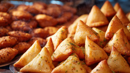 A vibrant image showcasing crisp and golden samosas arranged on a silver tray, perfect for any gathering or event. These savory snacks feature a rich blend of spices and flaky pastry.の素材