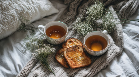 A serene morning scene featuring tea and toast on a cozy bedspread. Soft textures and delicate flowers create a relaxing ambiance perfect for quiet moments.の素材