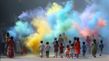 Children run joyfully through colorful clouds of powder during a vibrant festivity, capturing the essence of celebration, togetherness, and cultural joyfulness.の素材