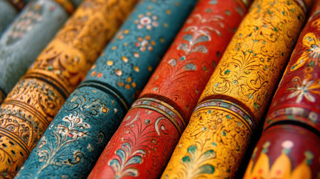 Beautifully crafted decorative scrolls feature a vibrant array of colors and intricate patterns, showcasing the artistry and skill of traditional craftsmanship.の素材