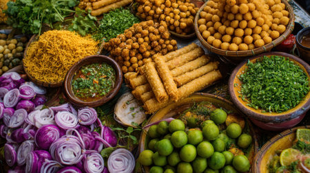 A vibrant and colorful display of fresh vegetables and snacks in an outdoor market setting. This assortment includes onions, limes, herbs, and traditional fried treats, showcasing the rich diversity of street food culture.の素材