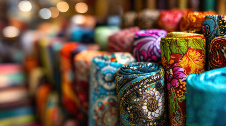 This image captures a vibrant array of rolled fabrics displayed in a marketplace. The colorful patterns and textures invite shoppers to explore creative textile choices for various projects.の素材
