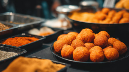 A vibrant display of freshly prepared spicy snacks and colorful spices, showcasing various textures and ingredients. Perfect for culinary enthusiasts and food lovers.の素材