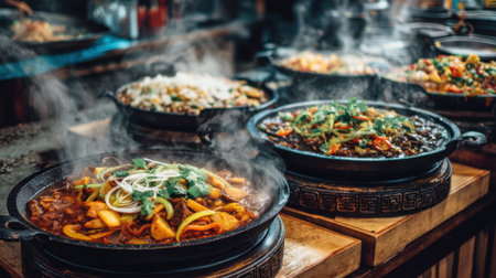 This vibrant image showcases a variety of Asian dishes steaming in traditional pots. Fresh ingredients, colorful vegetables, and aromatic spices invite a culinary adventure.の素材