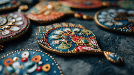 This image showcases vibrant decorative Indian jewelry featuring intricate designs and rich colors. Perfect for illustrating cultural craftsmanship and artistic beauty.の素材