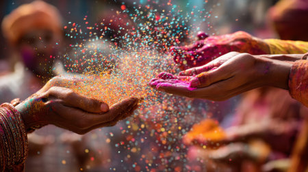 Colorful hands throw bright powders in celebration of Holi, capturing the joy and unity of this vibrant festival. A beautiful representation of life.の素材
