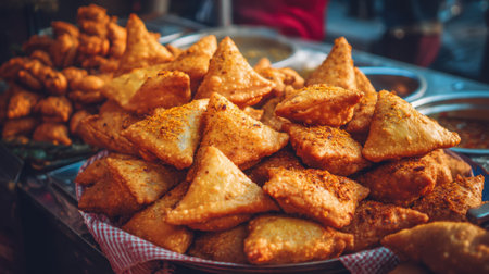 A mouthwatering display of golden crispy samosas stacked high in a lively market, showcasing the delectable snacks that embody flavor, tradition, and culture.の素材