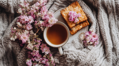 A cozy morning scene with a warm cup of coffee, a golden toast topped with petals, and delicate pink flowers arranged artfully on a textured blanket.の素材