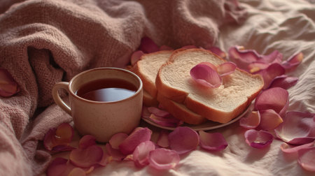Enjoy a cozy breakfast scene featuring a cup of tea and fresh bread, surrounded by delicate pink petals. Perfect for moments of relaxation and tranquility.の素材