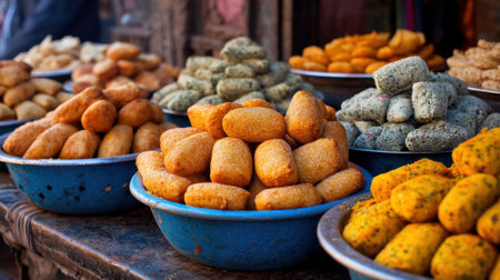 A vibrant outdoor market scene featuring a colorful array of traditional snacks displayed in blue bowls, showcasing the rich culinary culture and flavors.の素材