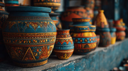 A vibrant collection of handcrafted pots showcasing unique designs and colors, beautifully arranged on a rustic wooden shelf, perfect for decor or storage.の素材
