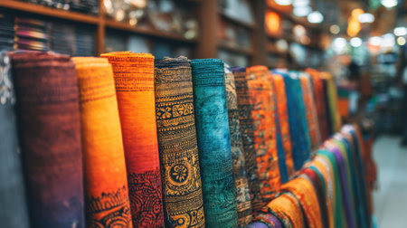 A vibrant array of colorful textile rolls showcases intricate patterns within a craft shop. The warm atmosphere invites creativity and inspiration for various projects.の素材