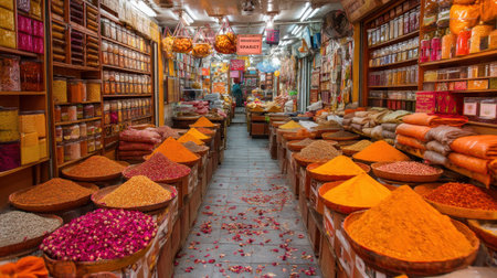 Explore a lively spice market filled with colorful spices arranged in basins. The rich aromas and vibrant displays capture the essence of culinary traditions.の素材