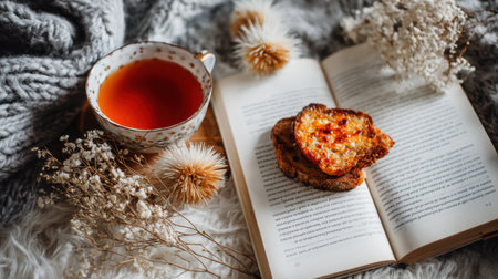 Enjoy a tranquil afternoon scene featuring a cup of tea, a book, and a slice of toast, all arranged on a soft knit blanket, perfect for relaxation and comfort.の素材