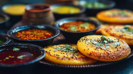 A stunning display of Indian cuisine showcasing various dishes, chutneys, and sauces arranged around golden yellow snacks with spices, ready to tantalize taste buds.の素材