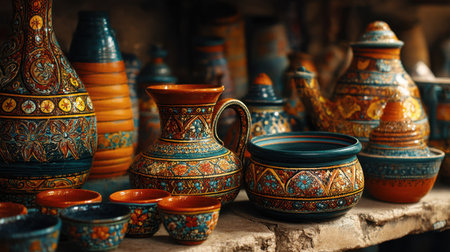 This vibrant display features colorful handcrafted pottery with intricate patterns. The diverse shapes and designs showcase traditional craftsmanship in a warm setting.の素材