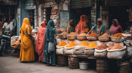 A lively scene in a traditional market featuring women shopping for vibrant spices. Colorful displays of ingredients showcase local culture and community life.の素材