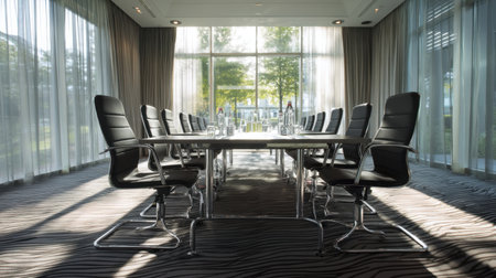 Spacious conference room featuring sleek furniture and ample natural light. The elegant design creates a professional atmosphere ideal for meetings and collaborations.の素材