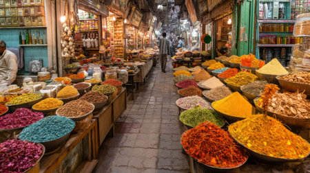 A bustling traditional market showcases vibrant spices and herbs in an array of colors. This image captures the lively atmosphere and rich culture of local trade.の素材