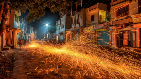 A captivating night street scene showcasing colorful sparks flying along the road, illuminating the quiet urban environment filled with lively energy.の素材