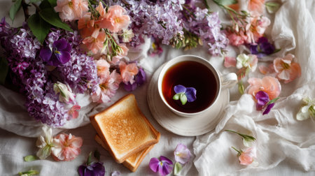A serene morning setup featuring a cup of tea, golden toast, and a vibrant floral arrangement of lilacs and blossoms, perfect for relaxation and enjoyment.の素材