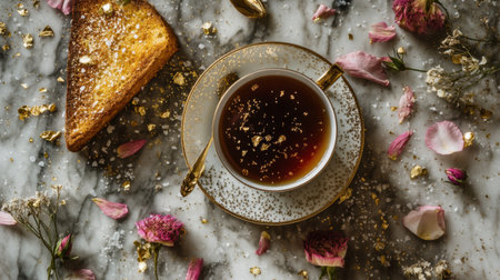 Discover a luxurious tea setup featuring a cup adorned with gold, complemented by delicate petals and a golden-bread slice on a marble backdrop.の素材
