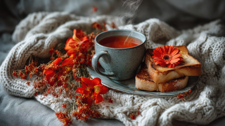 A cozy breakfast scene featuring a steaming cup of tea, warm toast, and vibrant flowers. Perfect for conveying comfort, warmth, and a relaxed morning vibe.の素材