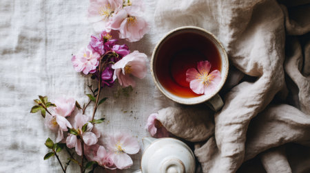 A serene arrangement featuring a cup of tea with blossoms on a soft linen backdrop, creating a tranquil and inviting atmosphere perfect for relaxation and comfort.の素材