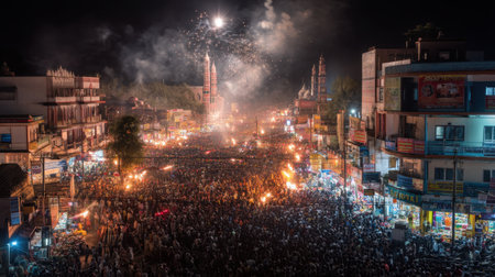 A captivating night view of a bustling festival, filled with vibrant fireworks, crowds celebrating traditions, and a lively atmosphere, showcasing cultural unity and joy.の素材