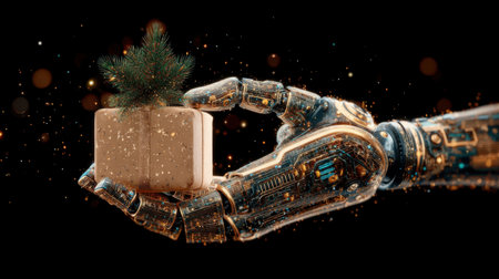A visually striking image showcasing a futuristic robot hand elegantly holding a gift box adorned with a small Christmas tree, symbolizing the fusion of technology and holiday spirit.の素材
