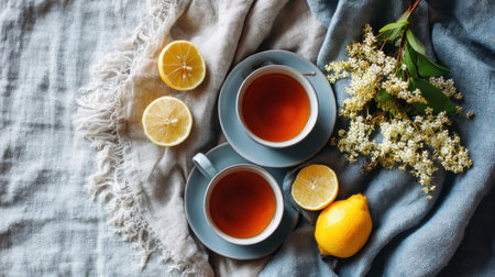 A serene flat lay featuring two cups of steaming tea, fresh lemons, and vibrant white flowers on soft linen. Perfect for relaxation or inviting moments.の素材