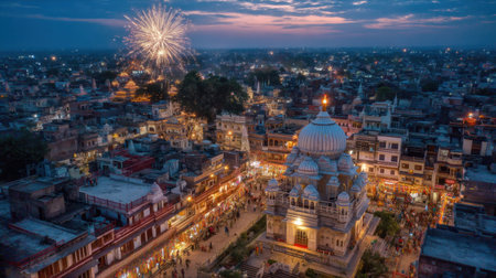 An enchanting aerial view capturing a vibrant city festival at dusk, showcasing fireworks and illuminated temples that enhance the cultural atmosphere.の素材