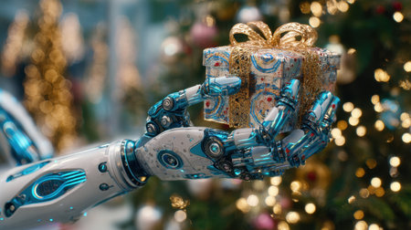 A futuristic robotic hand delicately cradles a colorful Christmas gift box, set against a backdrop of festive decorations and sparkling lights.の素材